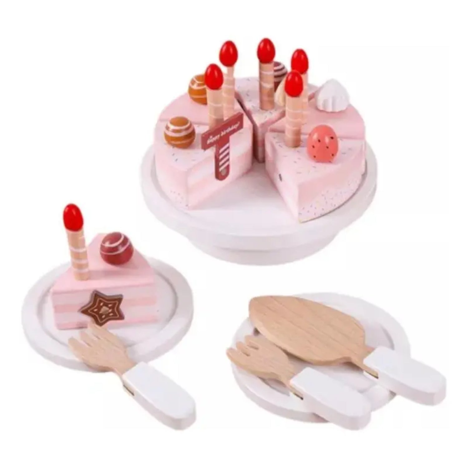Juego de pasteles de madera rosa con velas y utensilios para niños